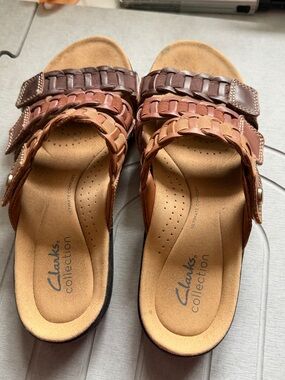 Clarks Brown Braided Leather Slide Sandals
